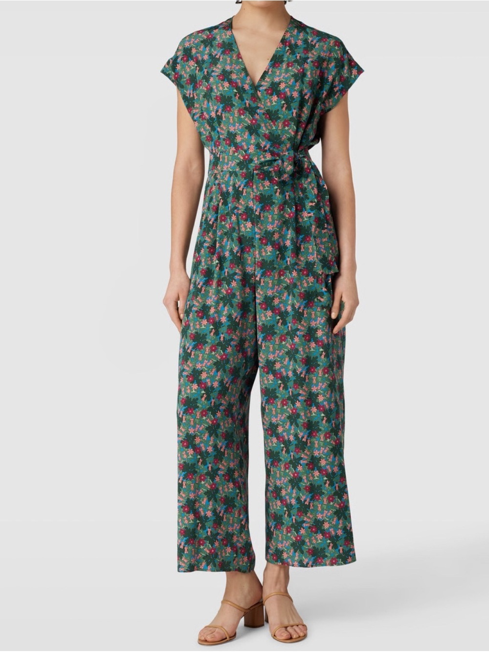 Weekend Max Mara Silk Floral Green & Blue Dollaro Cropped Wrap Jumpsuit